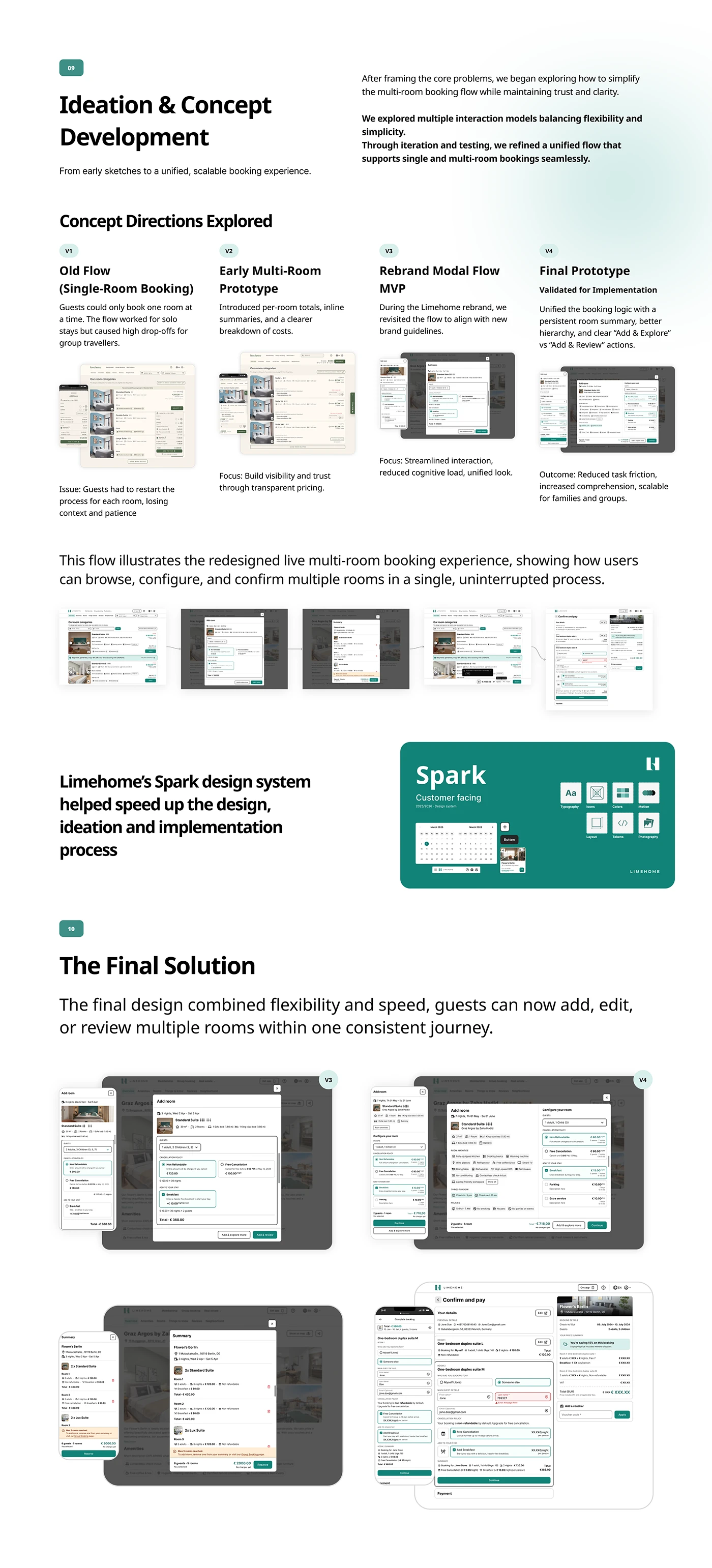 Concept directions explored and the final multi-room booking flow
