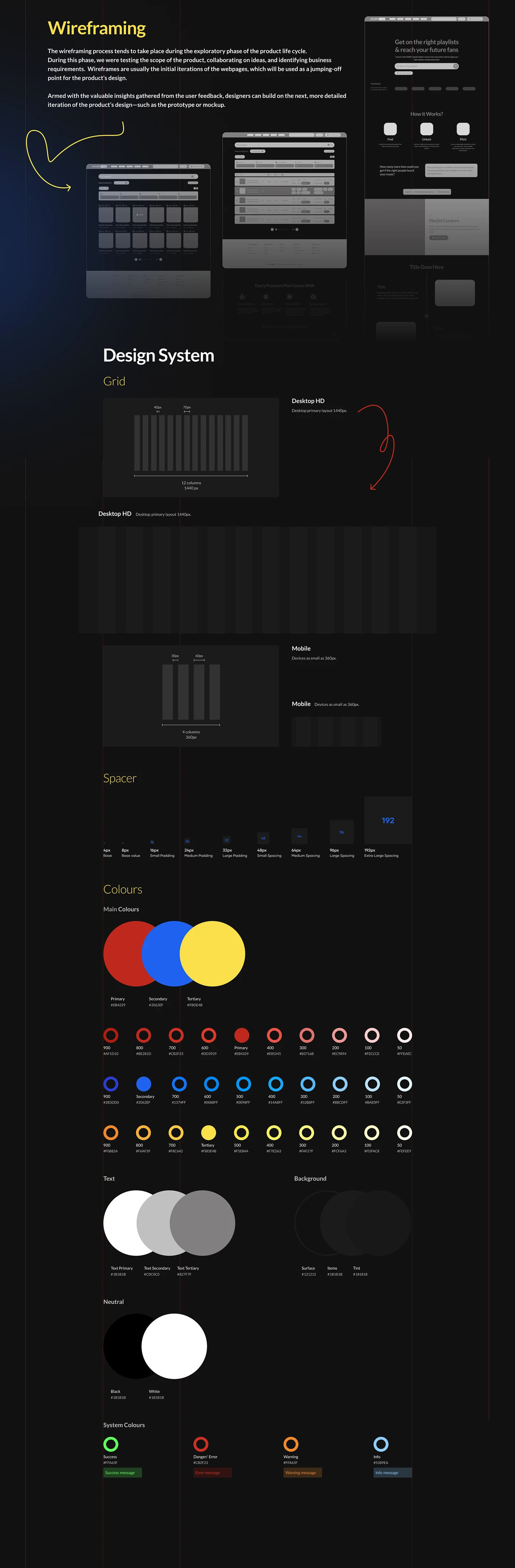 PlaylistMap wireframes and design-system grid, spacing and colour