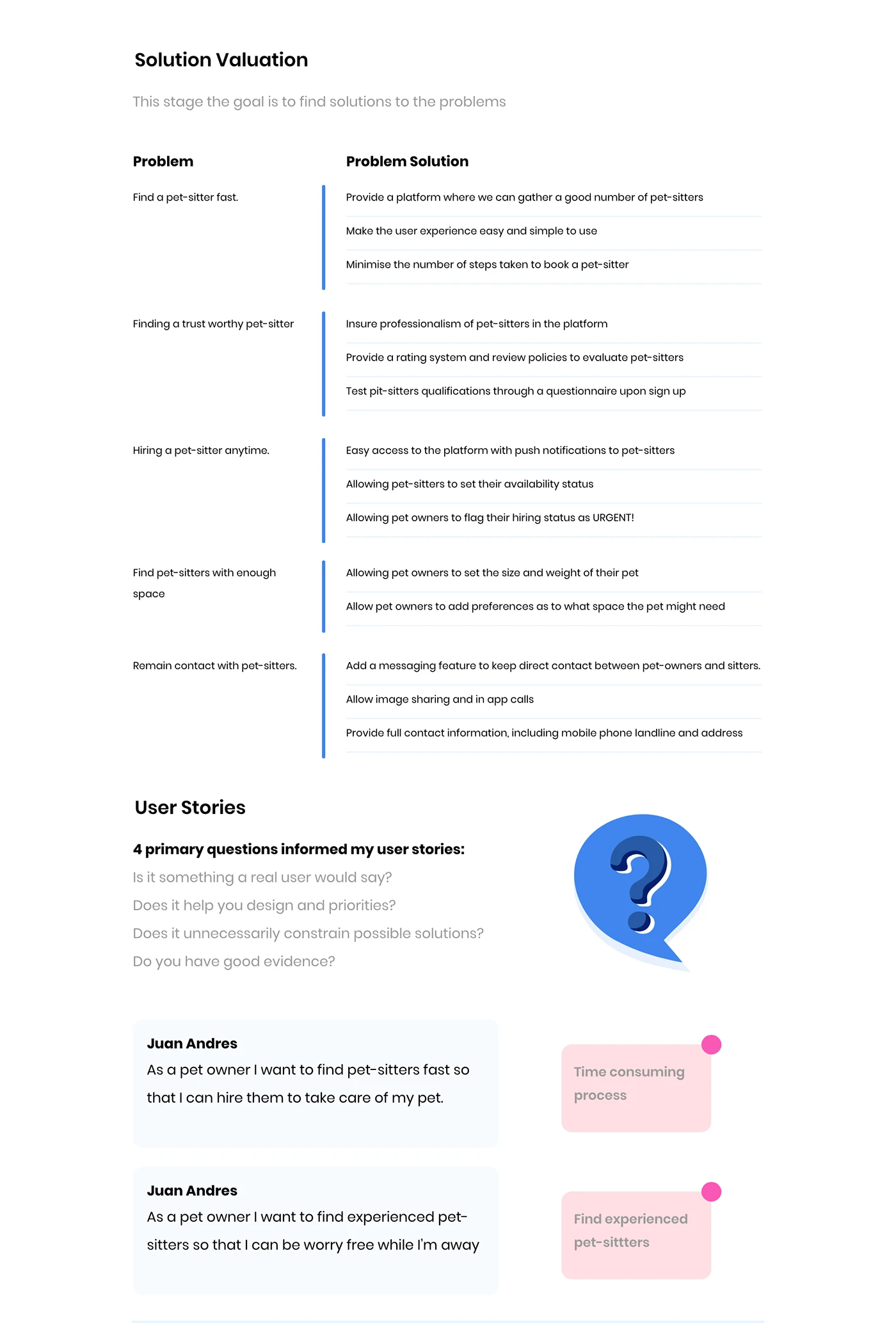 Problem-to-solution mapping and the primary user stories