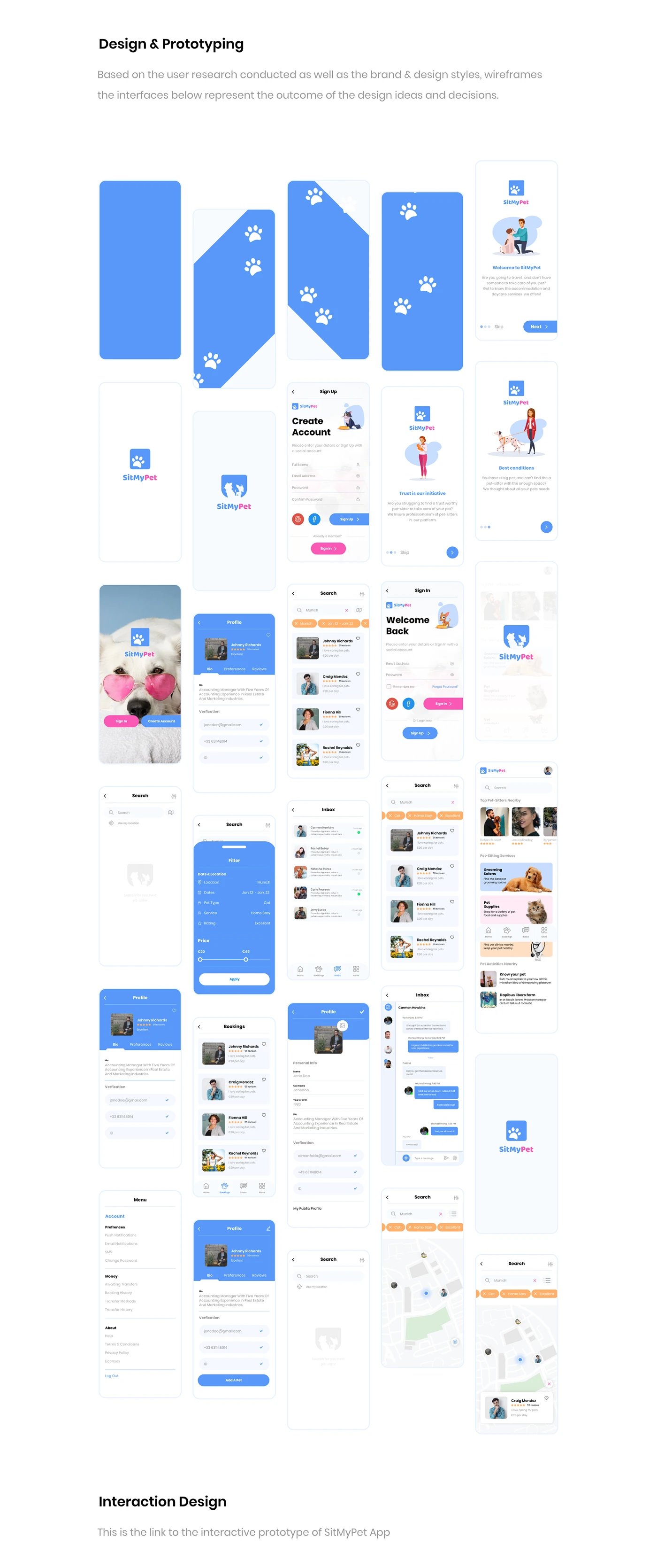 SitMyPet final mobile screens: onboarding, search, profiles and booking